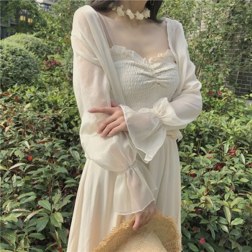 New summer sun protection clothing for female students, chiffon shirt, fairy cardigan, long-sleeved shawl with suspenders, thin outer air-conditioning shirt