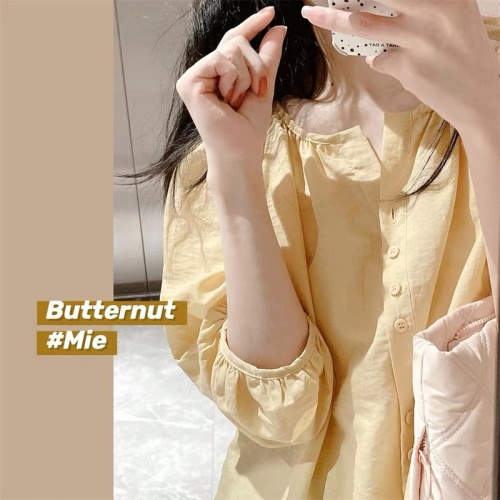 Japanese sweet puff sleeve yellow shirt women's summer new thin sun protection shirt small fresh three-quarter sleeve top