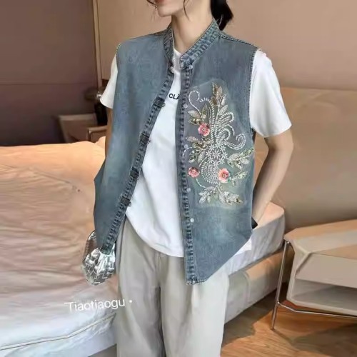 European heavy industry embroidered beading new Chinese style denim vest for women 2024 spring and summer new loose stand-up collar vest jacket