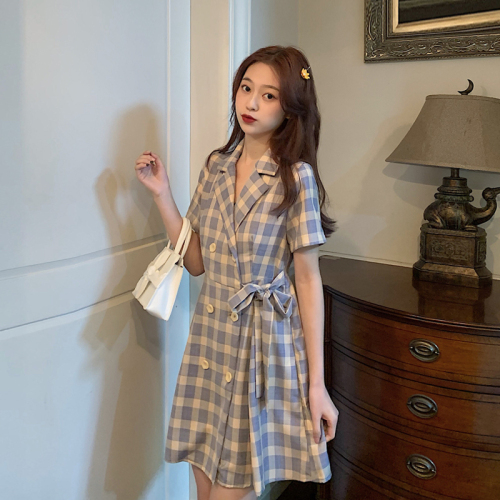 Xiaozishu suit collar dress spring and summer new Korean style waist slimming plaid skirt for women