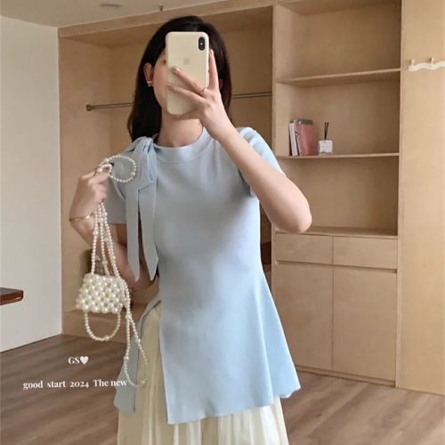Fashionable temperament short-sleeved sweater for women summer new design bow tie slit round neck chic top