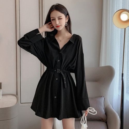 Hepburn little black dress spring and autumn long-sleeved waist sweet and cool French dress short shirt dress