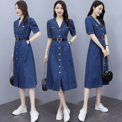 Denim dress mid-length summer new women's fashionable waist slimming temperament and age-reducing a-line