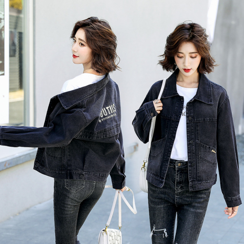 Black denim jacket for women spring new slim fit embroidered versatile top