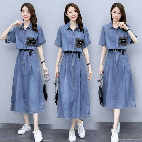 Denim dress, summer new temperament, waist-covering, belly-slimming long skirt, plus size skirt