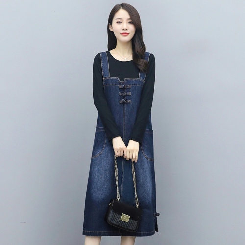 Denim dress women's spring and autumn loose suspender skirt retro slim small long-sleeved skirt