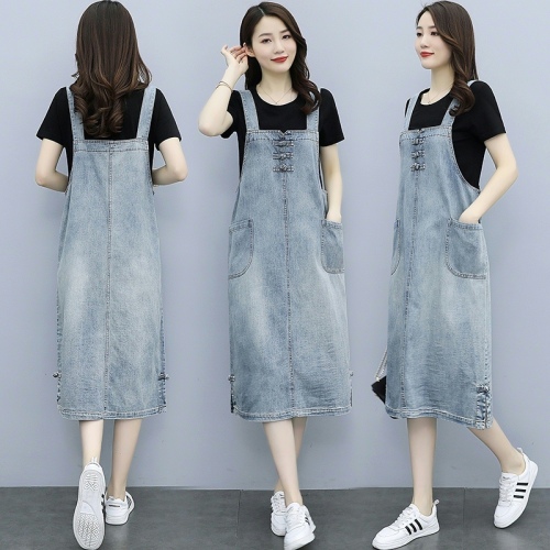 Denim dress women's summer loose suspender skirt retro slim small long-sleeved skirt