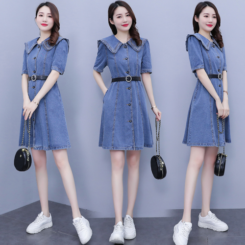 Summer mid-length new style women's retro sweet casual waist slimming short-sleeved denim dress