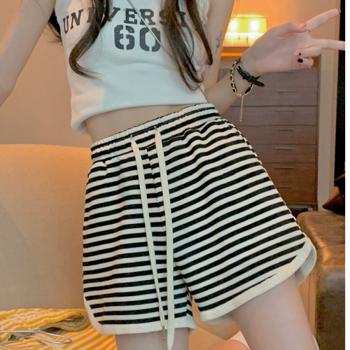 [Original yarn-dyed pique] Contrast color striped elastic waist drawstring casual pants for women summer loose straight pants shorts