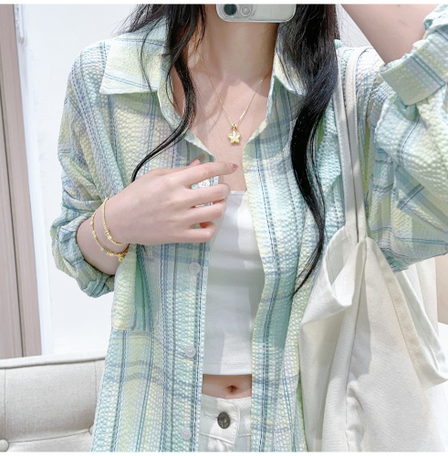 Summer coat, Korean style loose sun protection long-sleeved plaid shirt, lazy design top, mint Mambo style outfit