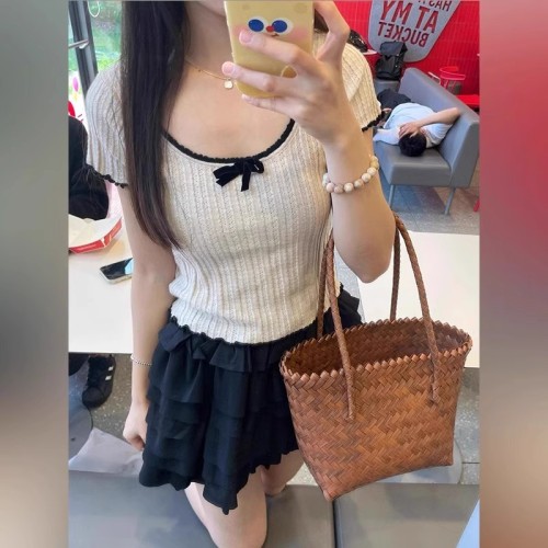 Apricot bow ice silk short-sleeved sweater for women summer 2024 new style lazy style petite style top