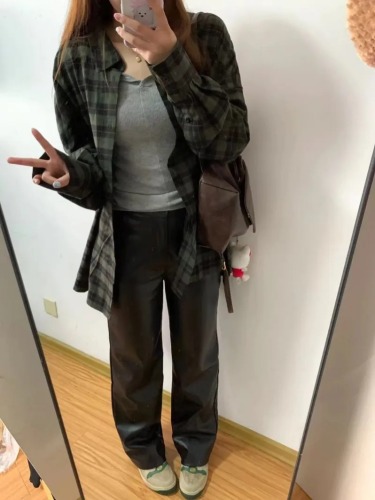 Retro chic green plaid shirt for women in autumn and winter loose lazy style mid-length shirt jacket cardigan outer wear