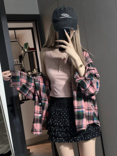 College style black and pink plaid shirt sun protection top for women 2024 loose casual long-sleeved velvet thickened shirt jacket