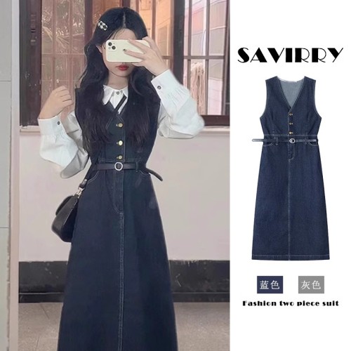 Tea style is popular this year for age reduction and beautiful 2024 women's summer new denim suspender dress