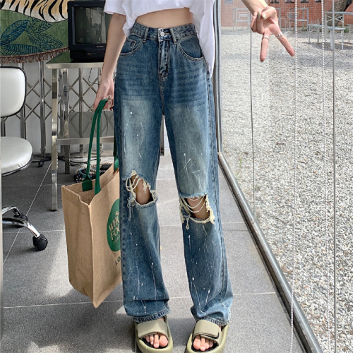 Real shot of retro washed ripped wide leg pants for women summer beggar pants high waist jeans straight pants floor mopping pants