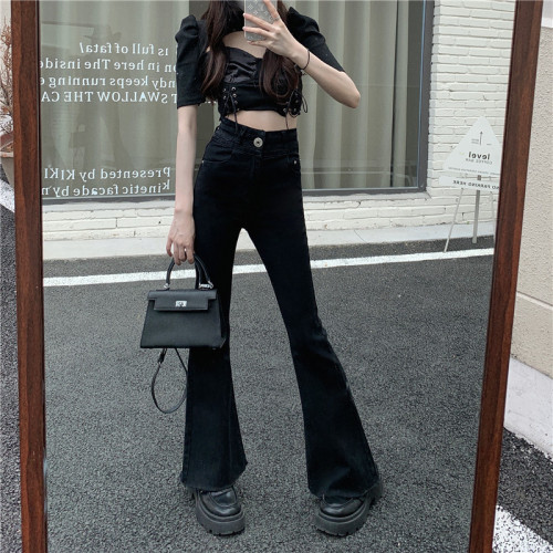 Real shot of summer bootcut jeans for women, high-waisted, slim-fitting, raw edge, fringed floor mopping pants, black flared pants