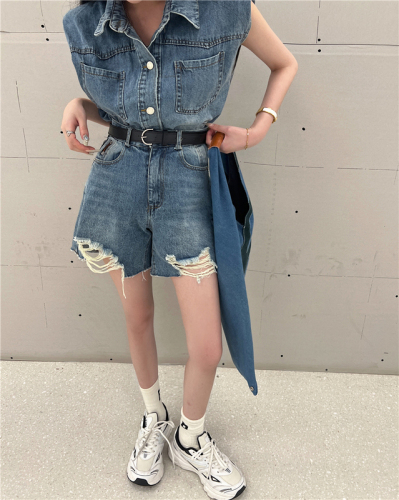 Real shot!  Fashionable Sleeveless Denim Vest Personalized Shorts Two-piece Set for Women
