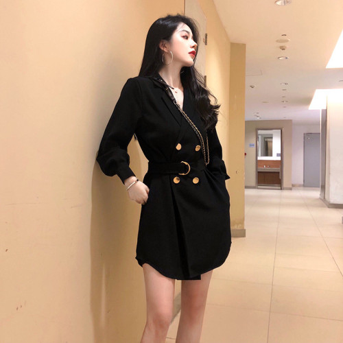 Spring and summer new high-end French slim and tall long-sleeved small suit jacket with waist and temperament suit dress