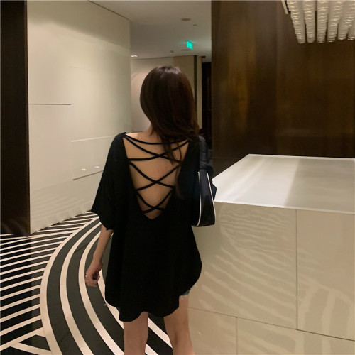 Real shot high-quality 2024 summer new Korean college style backless mid-length sexy design T-shirt for women
