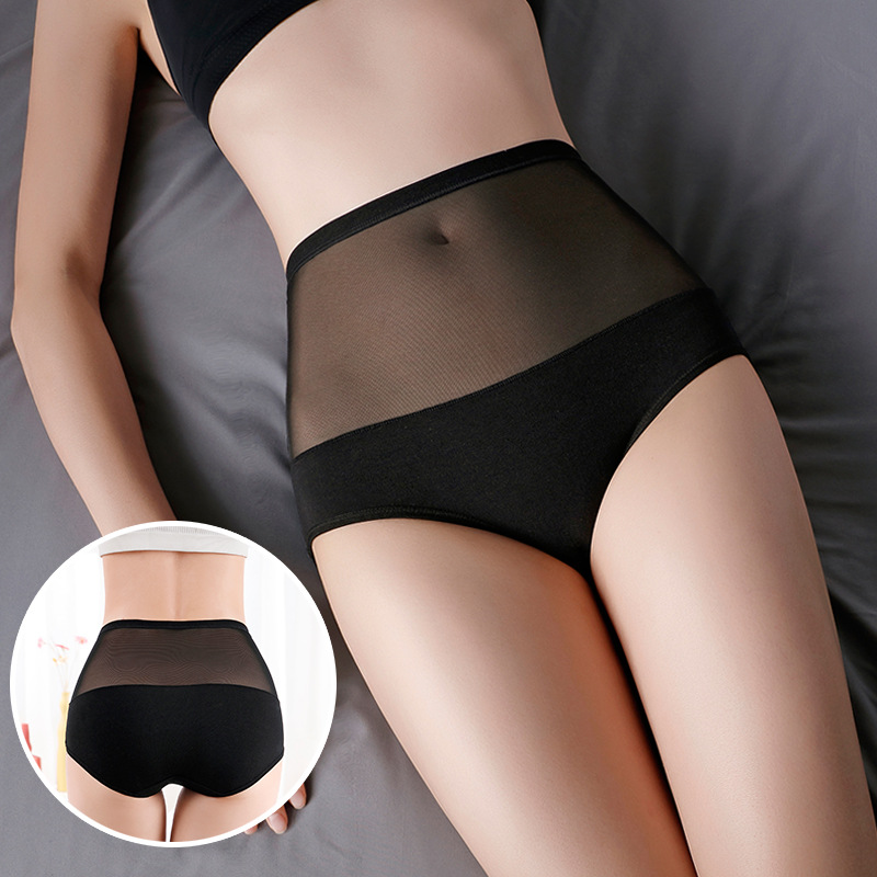 High-waist underwear for women plus size comfortable breathable solid color simple butt lift and belly control sexy mesh women's briefs 3-piece set