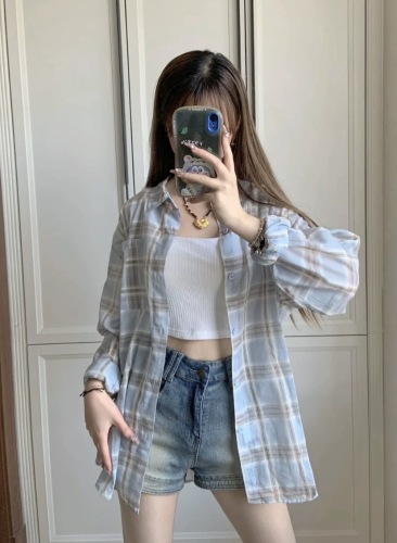 Blue plaid shirt for women 2024 early spring layered outer design niche fashionable outer shirt summer jacket