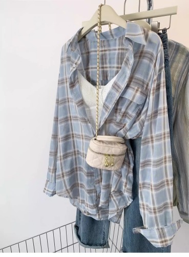 Blue plaid shirt for women 2024 early spring layered outer design niche fashionable outer shirt summer jacket