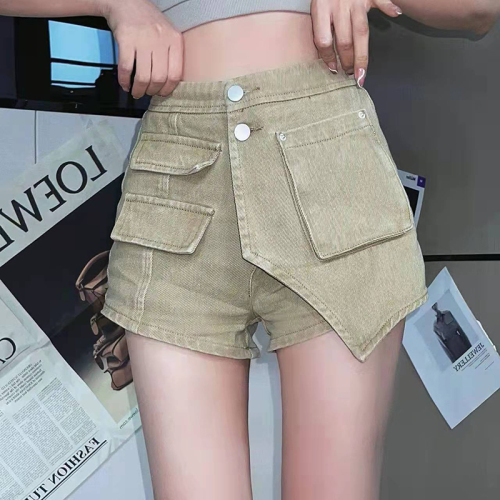 European and American fashion hot girls slim irregular workwear denim shorts women's hot pants