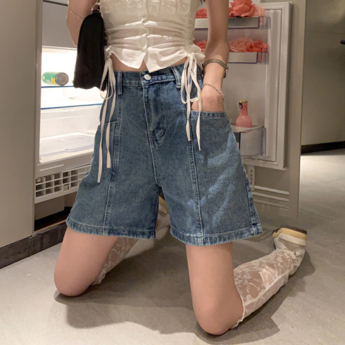 Real shot of denim shorts for women summer high waisted loose 2024 slim retro washed elastic waist casual pants