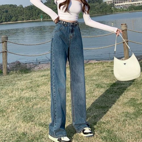 High-waisted adjustable waist jeans for women, new autumn wear, ins slimming, wide-legged, loose, straight and drapey floor-length pants