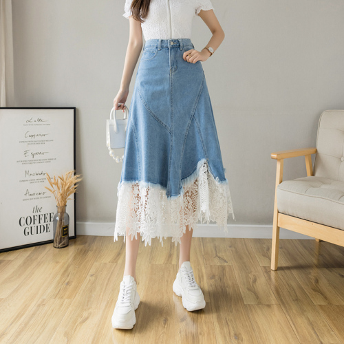 New high-waisted irregular a-line umbrella skirt mid-length lace stitching denim skirt for women