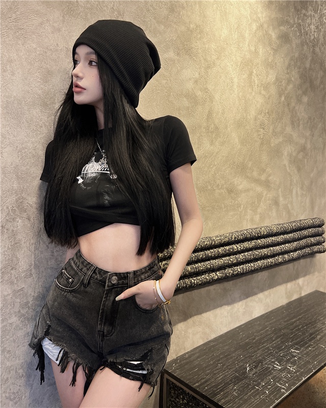 Real shot!  Cool hollow smoke gray ripped high waist denim shorts for women summer hot girl short printed T-shirt