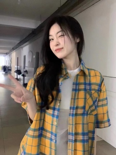 Original fabric yellow plaid summer short-sleeved shirt boyfriend style loose couple casual jacket trendy brand