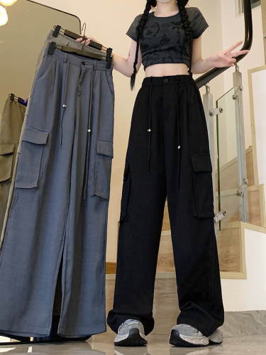 [Real shot woven] American overalls summer plus size women's casual pants straight drape loose wide leg pants