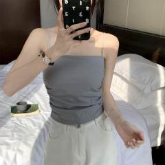 Real shot of summer pleated camisole for women, solid color pleated, beautiful back, outer top with chest pads