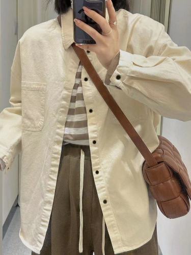 Pure cotton spring beige-colored shirt for women retro Hong Kong style single wear layered loose couple style shirt jacket trendy