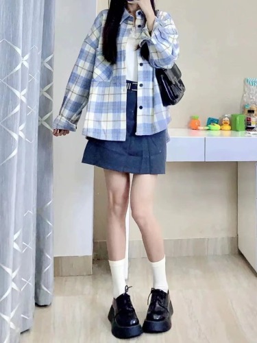 Japanese POLO collar plaid shirt long-sleeved women's early spring Korean style loose design niche lazy style jacket trend