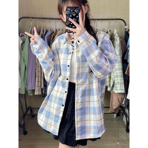 2024 spring thin forest style fresh blue plaid shirt women's shirt with cardigan loose lazy style top