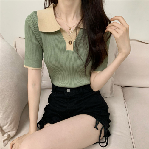 Real shot of summer design niche retro contrasting chic polo collar slimming sweater top