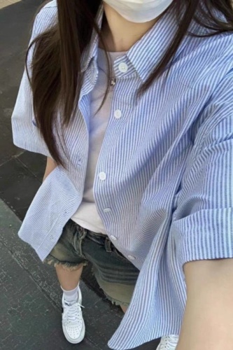 Pure cotton blue striped short-sleeved shirt top summer women's high-end chic and beautiful shirt French design shirt