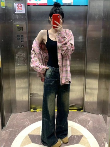 Forest-style sweet pink plaid shirt for women in early autumn, medium-thick, loose, casual, slim, mid-length shirt, cardigan