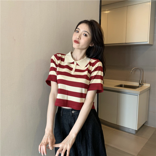 Actual shot of new striped color-blocking knitted short-sleeved T-shirt backless design POLO shirt top