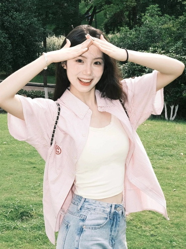 Smiley face short-sleeved shirt jacket for women summer 2024 new pink striped loose casual college style shirt top