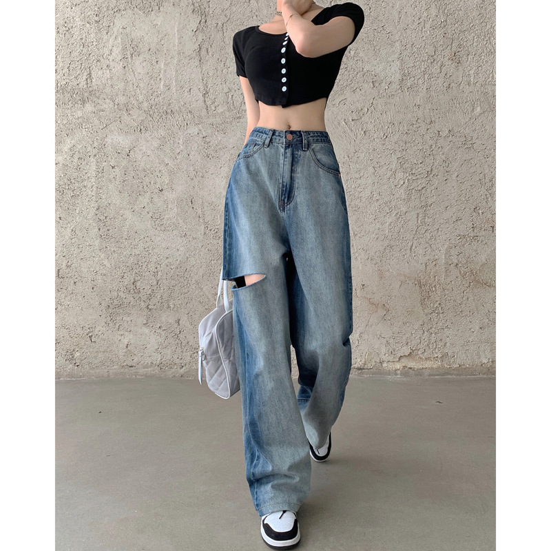 Real shot!  Retro INS new trend gradient color trousers ripped high waist wide leg jeans for women