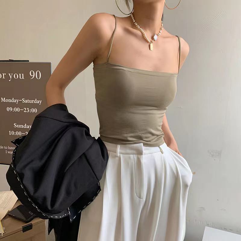 Solid color camisole women's outer top with fixed breast pads, no wires, thin straps, long thin tube top, 6-piece set