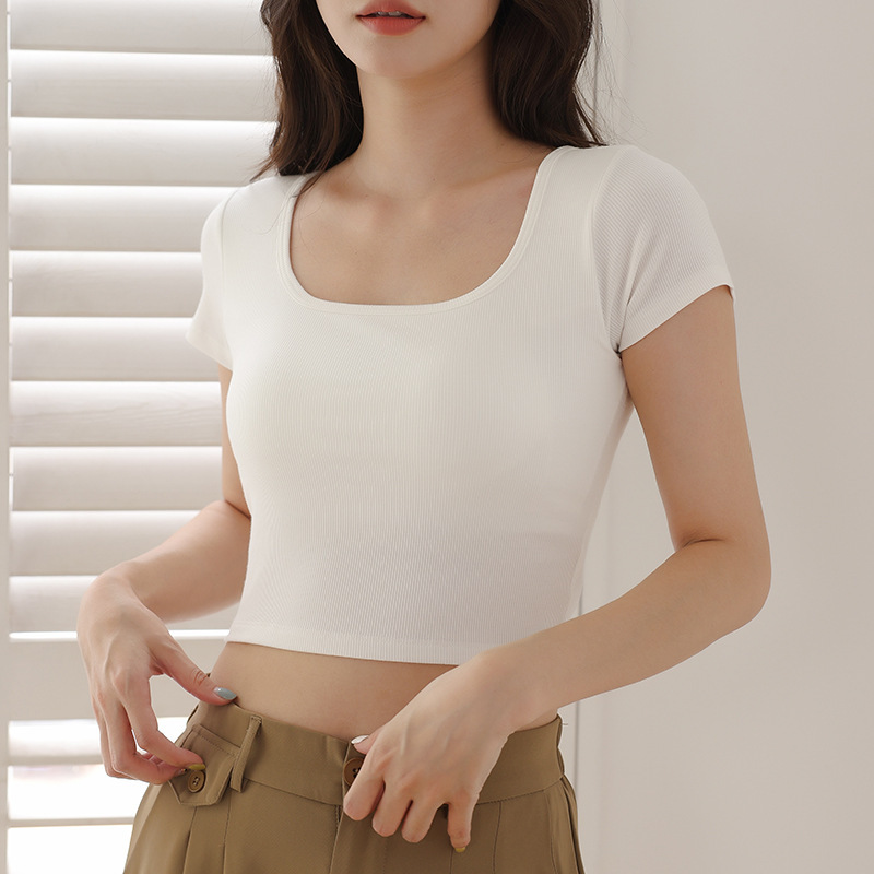 2-piece set with padded square neck short-sleeved T-shirt, comfortable short solid color tight-fitting right-shoulder exposed navel black and white bottoming T-shirt top