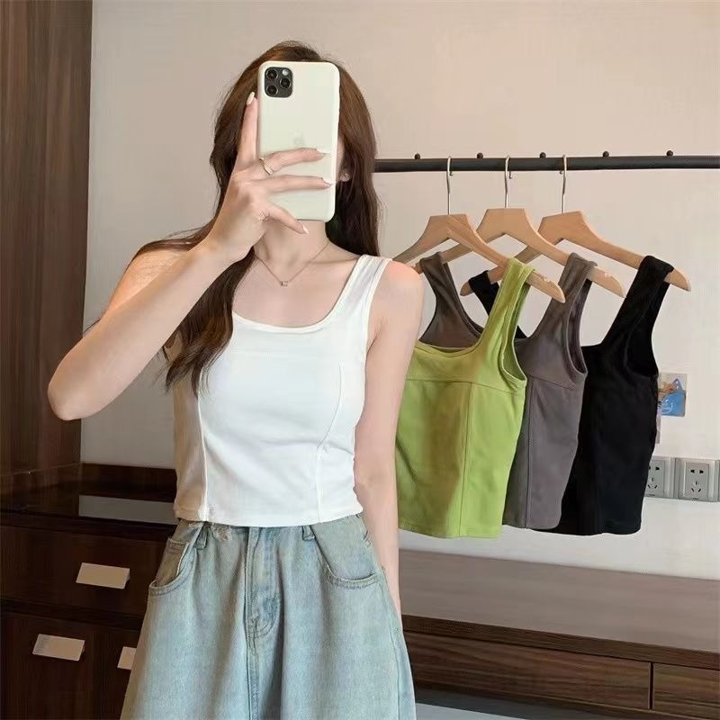 Summer new style short vest with chest pad for inner wear and outer wear design, square collar, sleeveless, outer wear and inner wear, slim base 5-piece set