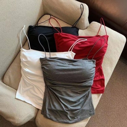 Summer girly style camisole, worn inside and outside, beautiful back, comfortable pleated spaghetti strap top, slimming vest for women, 4-piece set