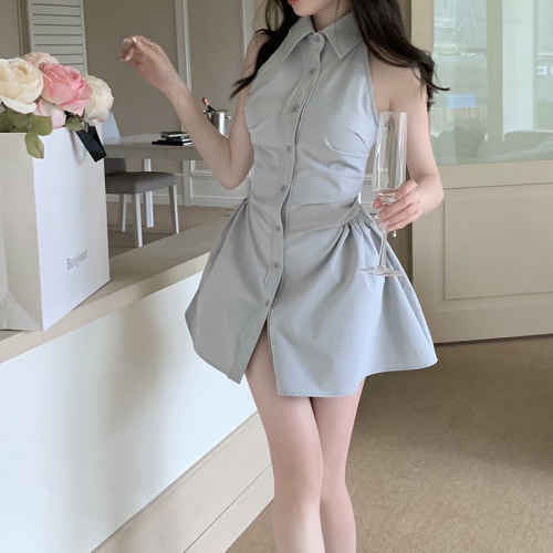 Real shot and real price sexy hot girl pure lust dress women summer waist sleeveless halterneck off-shoulder shirt dress