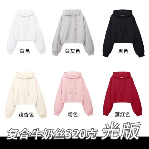 100% cotton surface Chinese cotton wool composite milk silk 320g light version short hooded thin sweatshirt for women blank version