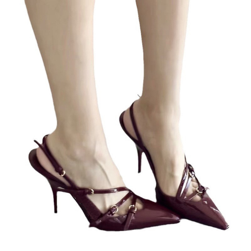 miu 2023 catwalk style pointed toe French belt buckle burgundy toe sandals for women metallic patent leather high heels